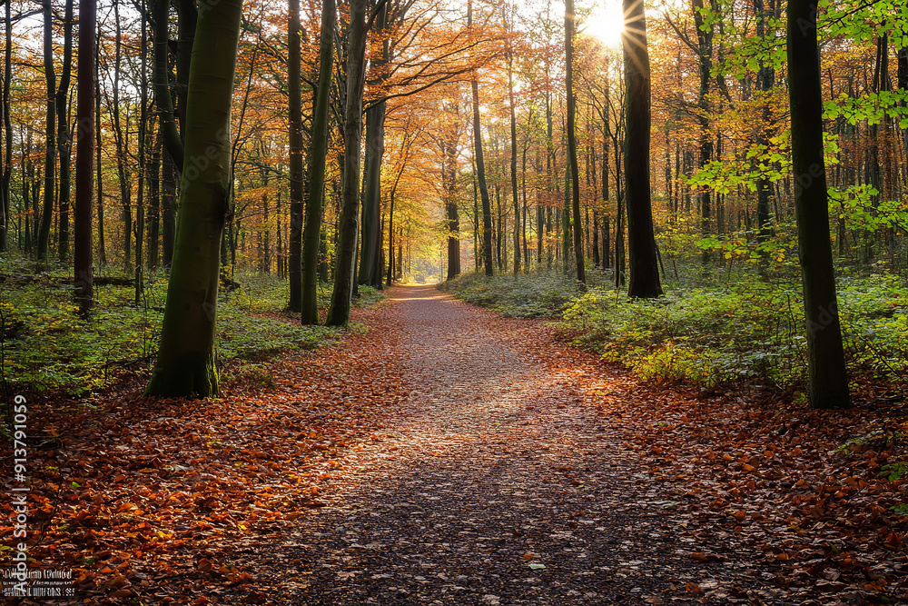 Fototapeta premium Peaceful Hiking Trail Through Autumn Woods with Leaf Carpet 