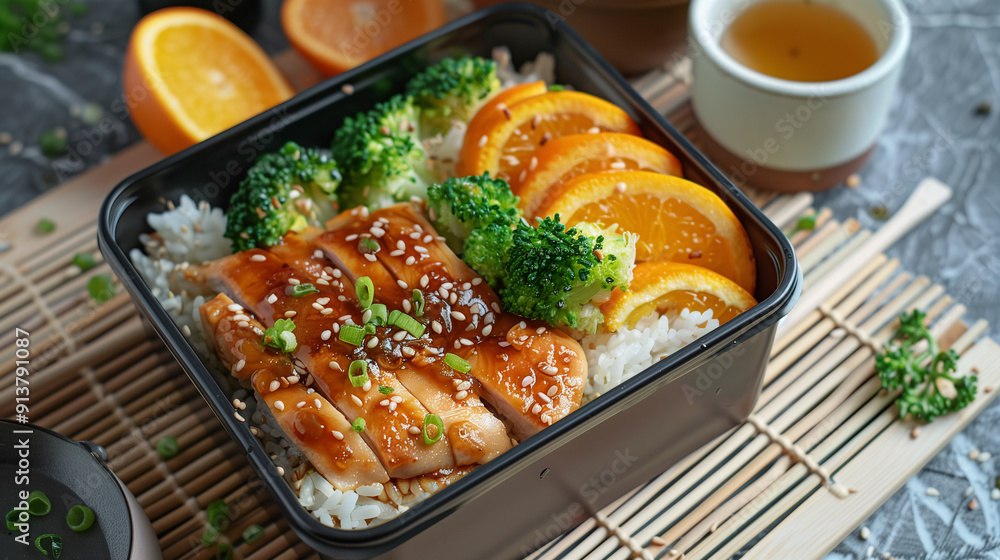 a neatly organized bento box with rice, teriyaki chicken, steamed broccoli, and a side of sliced oranges, placed on a bamboo mat with a small cup of green tea a neatly organized bento box with rice, teriyaki chicken, steamed broccoli, and a side of sliced oranges, placed on a bamboo mat with a small cup of green tea