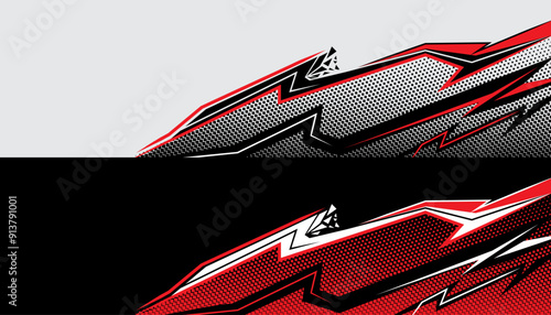 Car decals with black and red stripes, wraps sticker design with halftone pattern