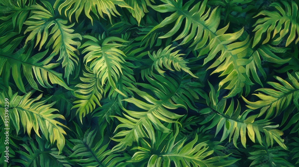 The image features a close-up view of lush green fern leaves, creating a dense and vibrant jungle scene. The leaves are arranged in a chaotic pattern, overlapping and intertwining to form a rich tapes