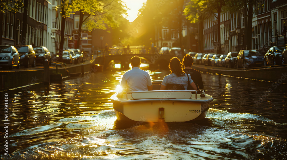 Tourists on a boat, gliding through the picturesque canals of Amsterdam on a sunny day. Tourists on a boat, gliding through the picturesque canals of Amsterdam on a sunny day.
