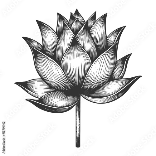 blooming lotus flower with buds, water lily Nymphaea, elegant and detailed floral art sketch engraving generative ai vector illustration. Scratch board imitation. Black and white image.