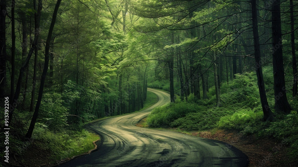 Obraz premium Winding Road Through Lush Green Forest