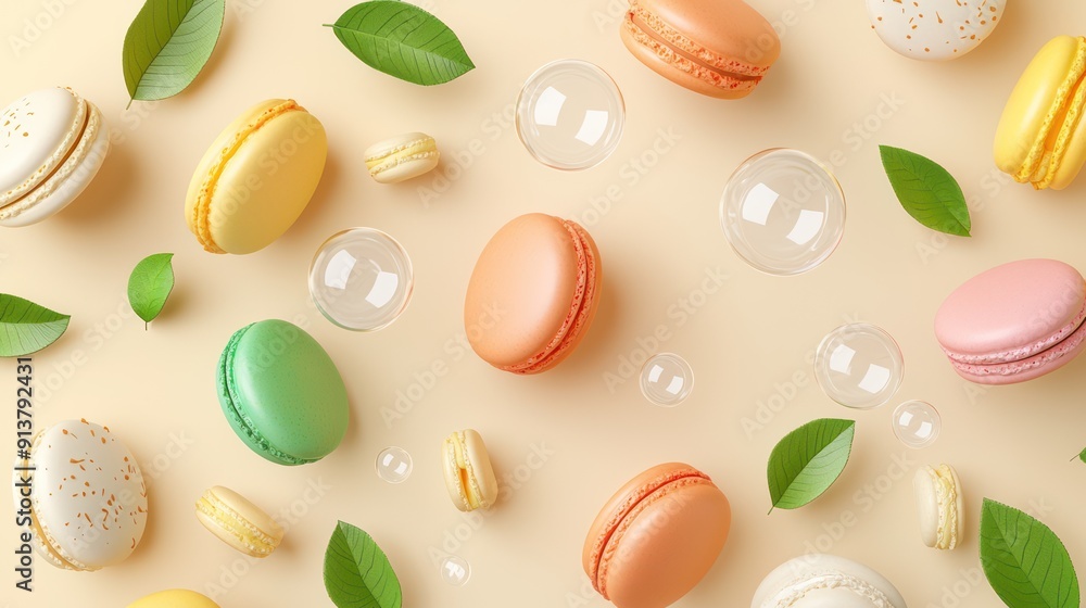 Whimsical Anime Delights: Colorful Macarons and Soap Bubbles with Fresh Green Leaves in High Resolution, Generative Ai Whimsical Anime Delights: Colorful Macarons and Soap Bubbles with Fresh Green Leaves in High Resolution, Generative Ai