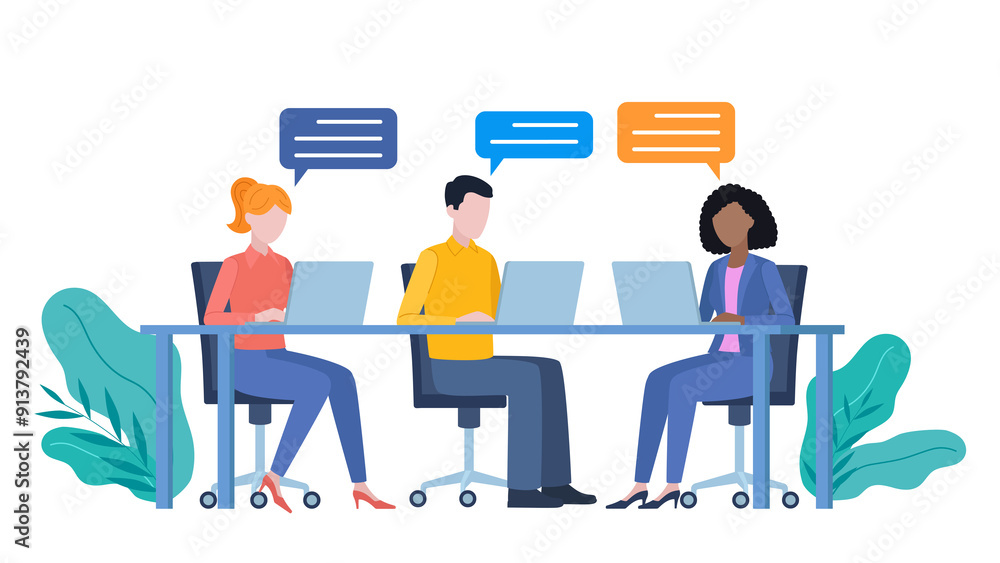 Flat design illustration. Employees sit at a desk, work on laptops and talk. There are conversation bubbles next to the chara Flat design illustration. Employees sit at a desk, work on laptops and talk. There are conversation bubbles next to the chara