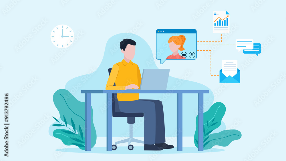 Man sitting and working on laptop and having conversation with coworker. Next to the woman's avatar there are document, conversation and email icons. Man sitting and working on laptop and having conversation with coworker. Next to the woman's avatar there are document, conversation and email icons.