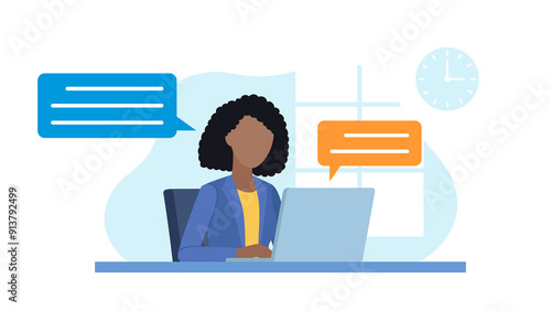 Flat design illustration. Woman sitting in front of a desk and working on laptop. Having conversation with coworker or client. Speak bubbles come from woman and laptop.