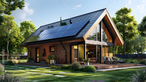 Modern Wooden Cabin with Solar Panels 3D Illustration