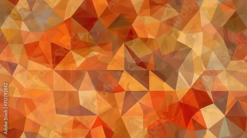 This image features a seamless pattern of geometric shapes in shades of orange, yellow, and brown. The triangles overlap and create a layered, abstract effect. The colors evoke warmth and a sense of m