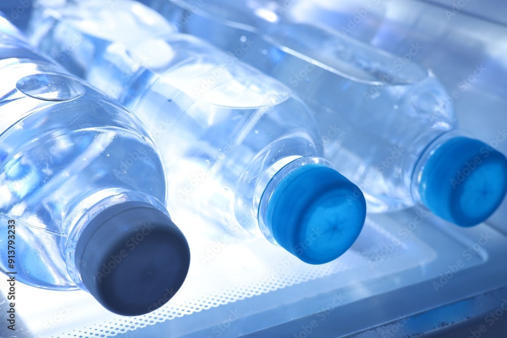 Many bottles of water in refrigerator, closeup Many bottles of water in refrigerator, closeup
