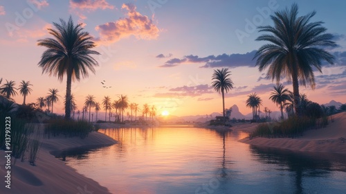 A tranquil oasis in the desert at twilight, calm water surrounded by palm trees, soft colors of the setting sun reflecting on the sand, peaceful and serene photo