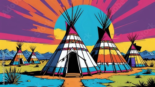 Colorful teepees against a sunset sky in a cartoon style.