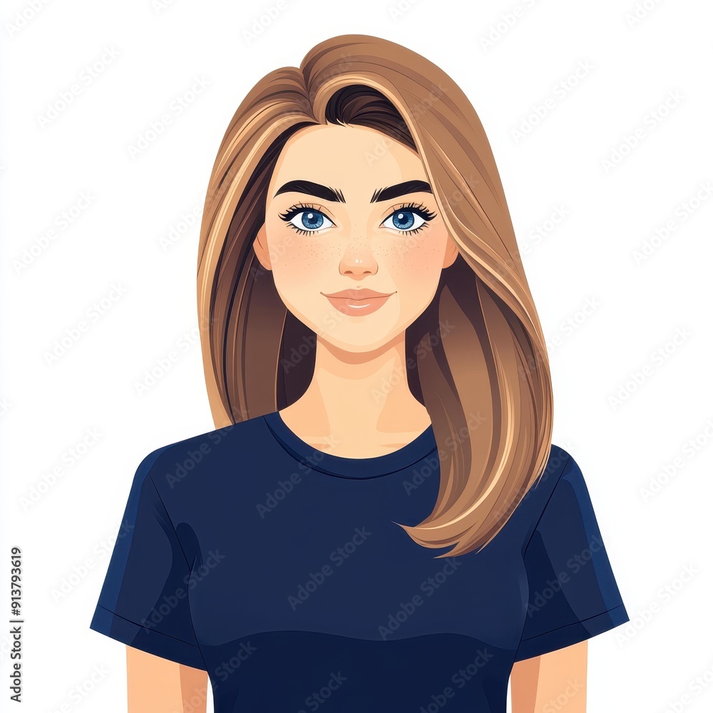 A stylish woman in her late s showcases her fair skin and light brown hair, wearing a chic dark blue graphic tee.