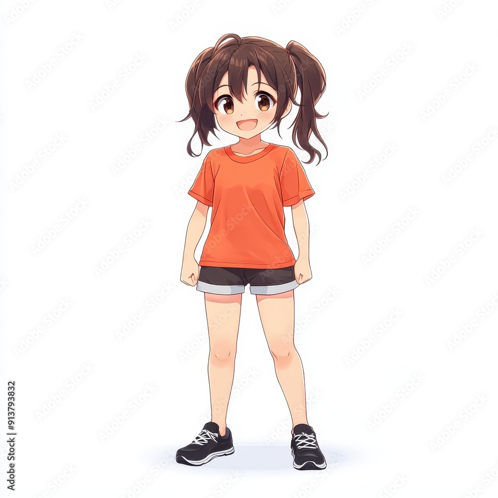 A cheerful yearold girl with dark brown hair sports a cute outfit and black shoes against a clean white backdrop. A cheerful yearold girl with dark brown hair sports a cute outfit and black shoes against a clean white backdrop.