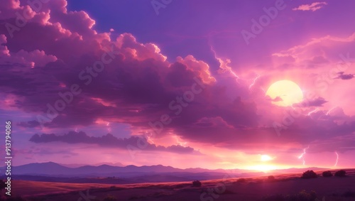  vibrant sunset over a calm ocean, with pink and purple clouds filling the sky.