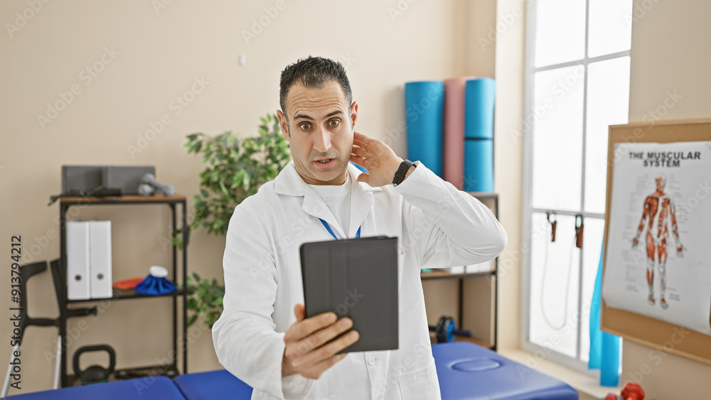 A young hispanic man in a clinic room is engaging in a video call while holding a tablet, with rehab equipment in the background.