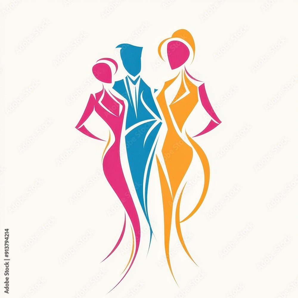 Simple and vibrant logo featuring two businessmen and two businesswomen, crafted in a bold psychedelic art style. Simple and vibrant logo featuring two businessmen and two businesswomen, crafted in a bold psychedelic art style.