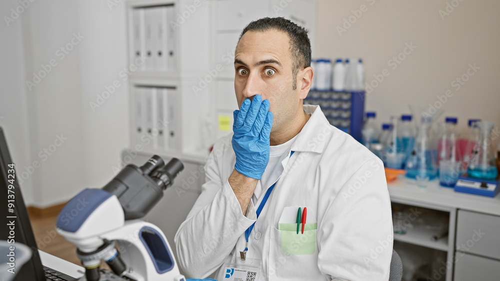 Surprised hispanic man in lab coat and gloves working in a laboratory with microscope and chemicals. Surprised hispanic man in lab coat and gloves working in a laboratory with microscope and chemicals.