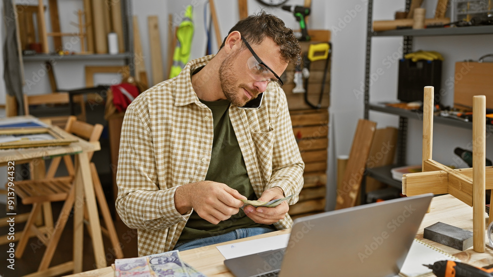 Young man counting romanian money at carpentry workshop, showcasing small business management and skilled labor Young man counting romanian money at carpentry workshop, showcasing small business management and skilled labor