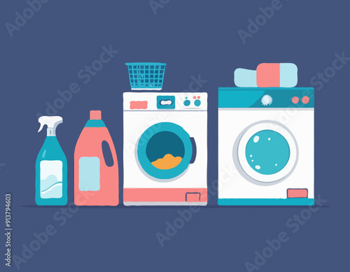 Laundry Appliances with Detergent and a Basket of Dirty Clothes, Clean and Simple Flat Vector Illustration.