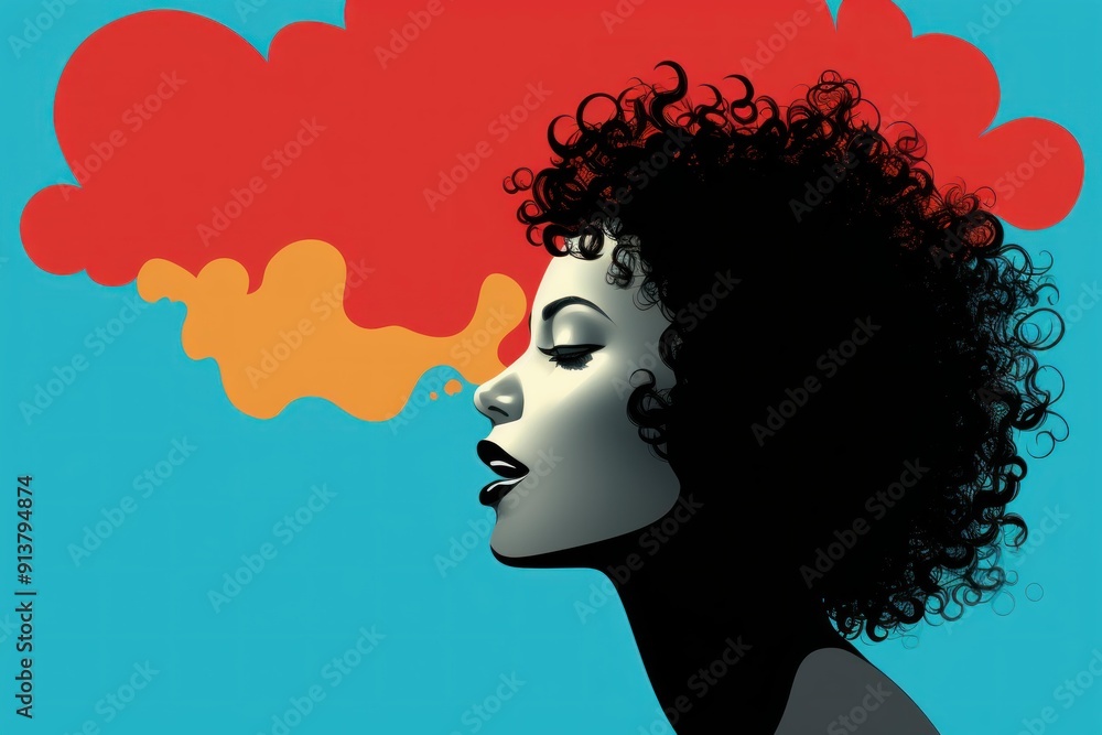 Side profile of a woman with vibrant thoughts symbolized by a colorful cloud Side profile of a woman with vibrant thoughts symbolized by a colorful cloud