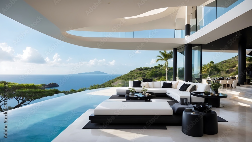 A modern, black house with a large swimming pool overlooking the ocean. A modern, black house with a large swimming pool overlooking the ocean.