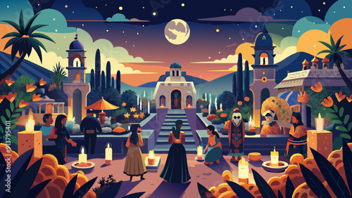 Enchanting Mexican Town at Night Celebrating Day of the Dead