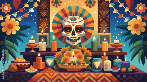 Vibrant Day of the Dead Altar with Traditional Offerings