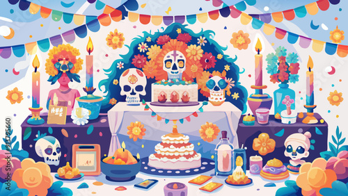 Vibrant Day of the Dead Altar Celebration Illustration