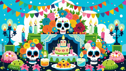 Vibrant Day of the Dead Altar with Floral Decorations and Candles