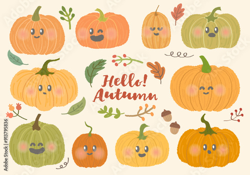 Set of hand drawn cartoon style colorful various cute pumpkin with face emoticon. Autumn cartoon style lettering hello autumn season handwritten slogan. Cozy fall pumpkin facial. Acorns, leaves
