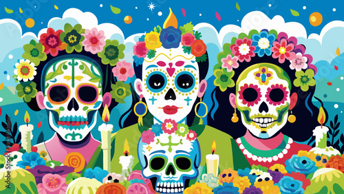 Vibrant Day of the Dead Celebration with Colorful Sugar Skulls