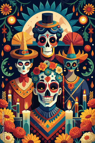 Vibrant Dia de los Muertos Celebration Illustration with Skulls and Candles