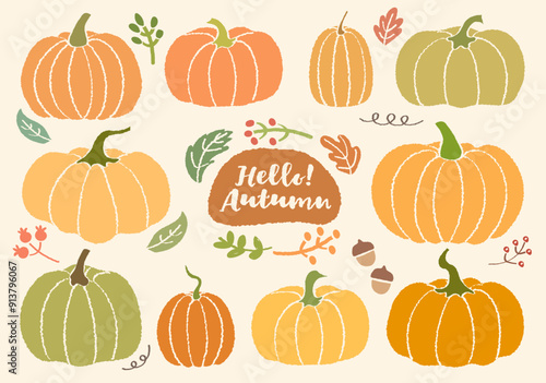 Set of hand drawn style colorful various pumpkins and autumn leaves  pattern vector. Fall vector elements set. Autumn cartoon style lettering hello autumn season handwritten slogan. Cozy fall. Acorns