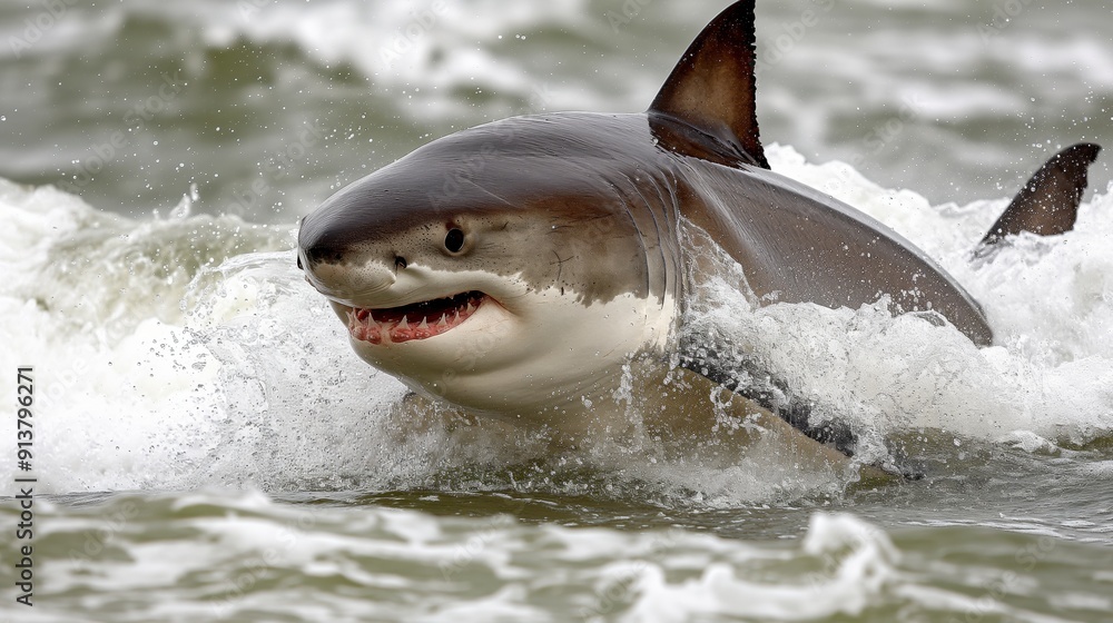 Fototapeta premium A fierce great white shark emerges with bared teeth from turbulent ocean waves.