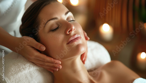 Young woman relaxing having a facial massage at a spa.