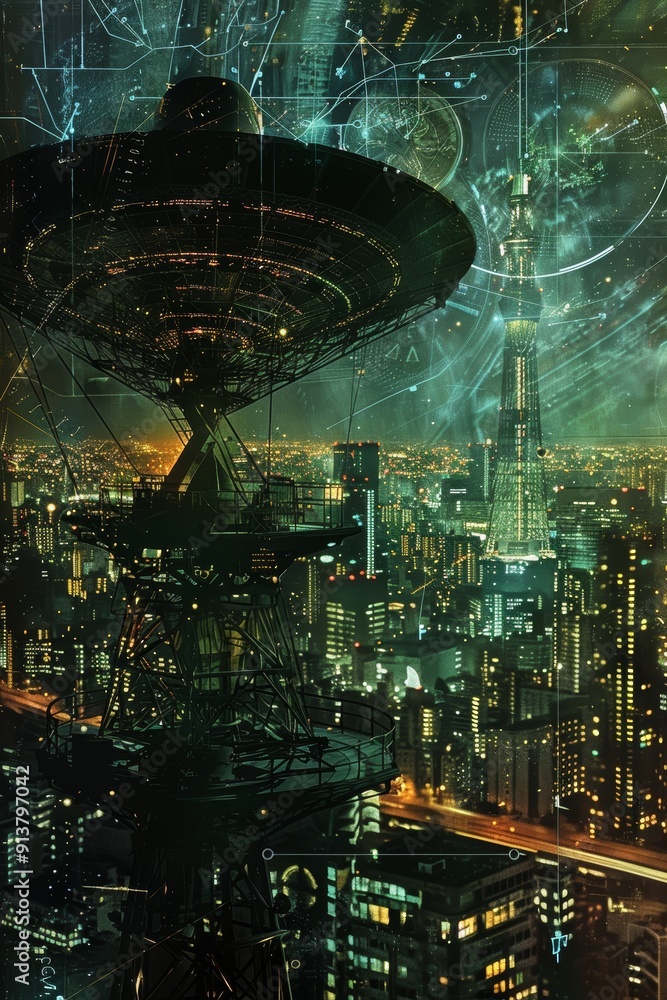 Futuristic Cityscape with Advanced Communication Tower and Digital Overlays at Night Futuristic Cityscape with Advanced Communication Tower and Digital Overlays at Night