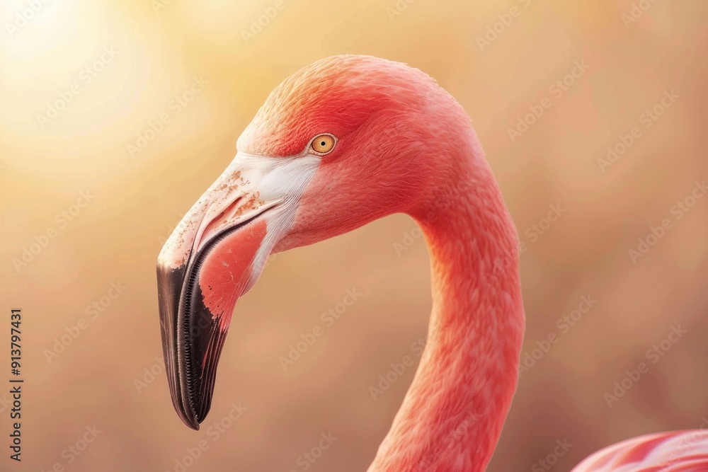 Fototapeta premium Close up portrait of a flamingo with vibrant pink feathers against a soft blurred background