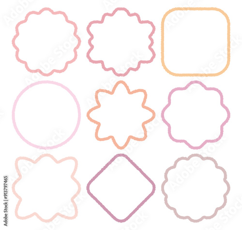 Out-line hand drawn cartoon style pink color chat box set. Doodle crayon drawing speech bubble sticker. Cute comics dialog quote frame for text. Variety shape of speak blank. Message dotted line.