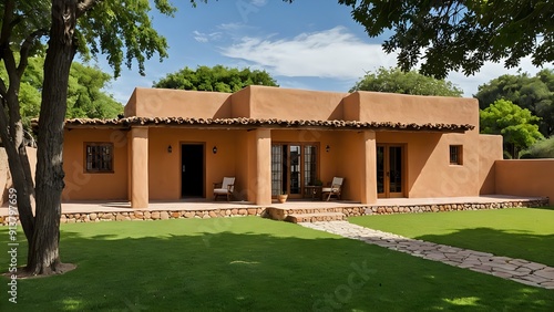 Adobe style house with a patio and lawn.