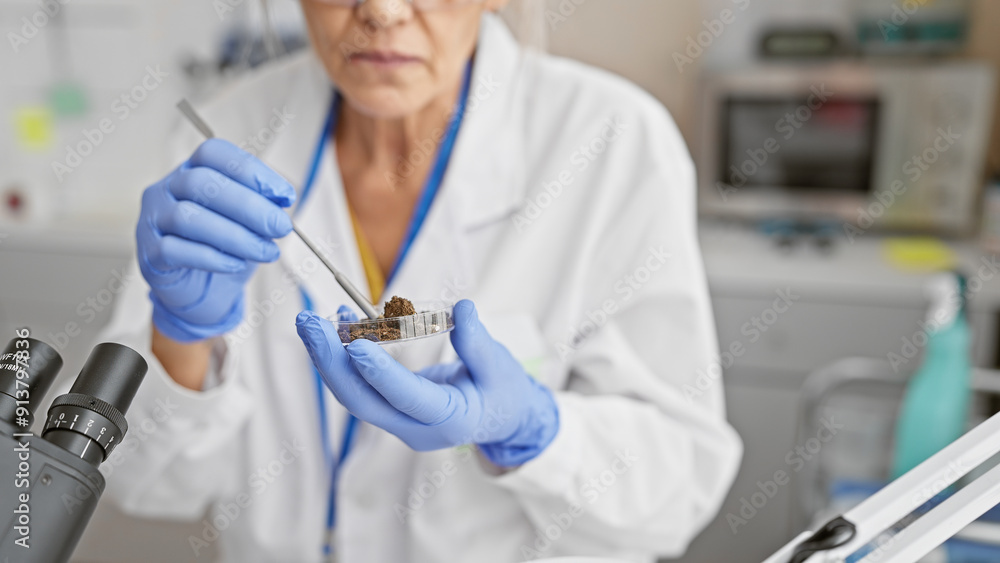 Mature woman scientist analyzing soil samples in a laboratory setting, showcasing research and expertise indoors. Mature woman scientist analyzing soil samples in a laboratory setting, showcasing research and expertise indoors.
