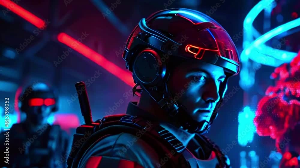 Futuristic soldier with helmet illuminated in blue and red neon light stands in front of a futuristic structure. Futuristic soldier with helmet illuminated in blue and red neon light stands in front of a futuristic structure.