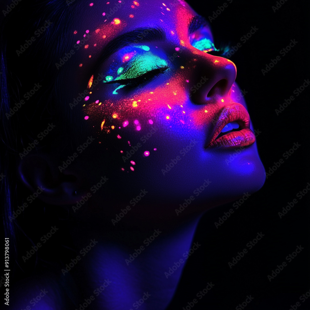 An enchanting close-up photograph of a person illuminated by purple and blue neon lights, capturing the vibrant interplay of colors and shadows in striking detail and contrast. An enchanting close-up photograph of a person illuminated by purple and blue neon lights, capturing the vibrant interplay of colors and shadows in striking detail and contrast.