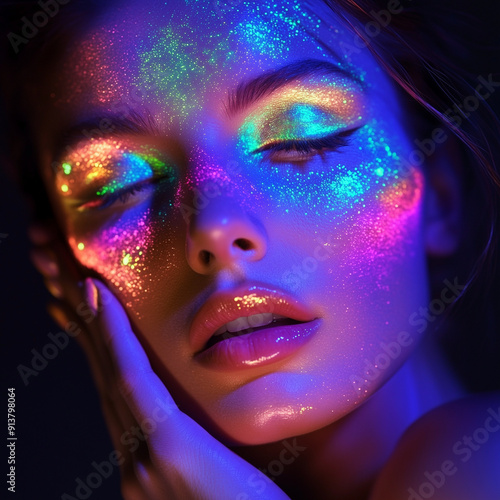 A vibrant image of a woman with neon glitter makeup under colorful lighting, highlighting the dazzling and youthful exuberance of modern artistic expressions.