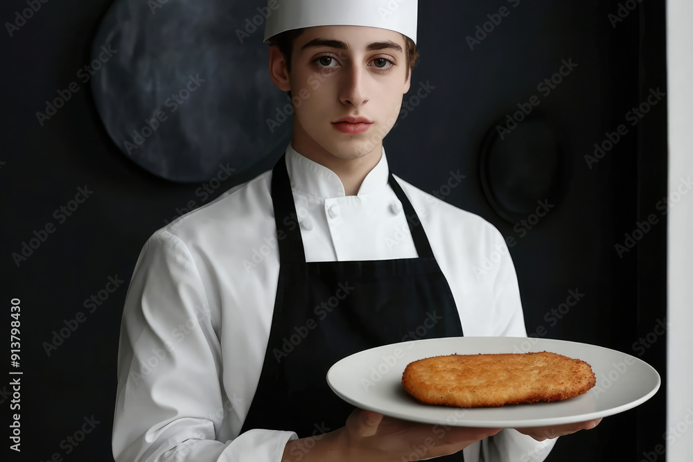 Young chef in white uniform and black apron holding a white plate with a crispy breaded dish, set against a minimalistic dark background in a professional setting. Young chef in white uniform and black apron holding a white plate with a crispy breaded dish, set against a minimalistic dark background in a professional setting.