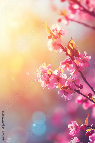 Beautiful close-up of pink cherry blossom flowers basking in sunlight. Capturing the delicate petals and vibrant colors, highlighting the essence of springtime and renewal.