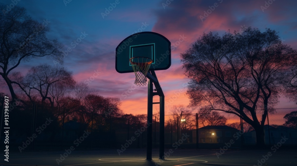 Netball hoop at empty community sports ground in dusk light, serene evening scene of outdoor sports facility with metal netball post, urban recreation area highlighting athletic spaces for team sports Netball hoop at empty community sports ground in dusk light, serene evening scene of outdoor sports facility with metal netball post, urban recreation area highlighting athletic spaces for team sports
