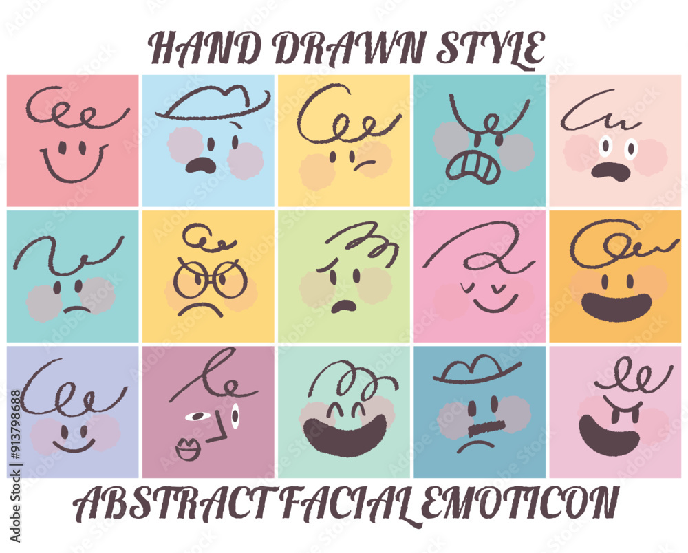 Square abstract faces with various emotions set hand drawn style. Crayon drawing style emoticons collection. Different colored avatar. flat design, hand drawn fashion vector illustration emotional. Square abstract faces with various emotions set hand drawn style. Crayon drawing style emoticons collection. Different colored avatar. flat design, hand drawn fashion vector illustration emotional.