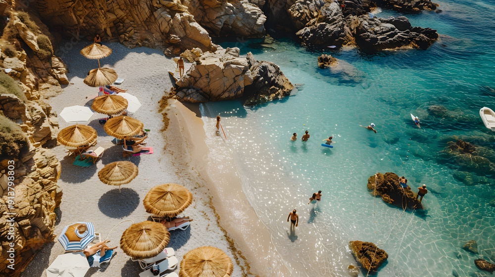 Fototapeta premium Friends enjoying a sunny beach day, lounging together on the sand under a clear blue sky.