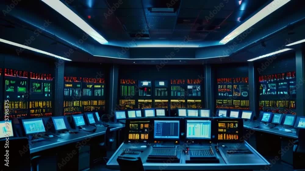 A dark, industrial control room with rows of computer monitors and desks, showing data and information with colorful lights on the screens. A dark, industrial control room with rows of computer monitors and desks, showing data and information with colorful lights on the screens.